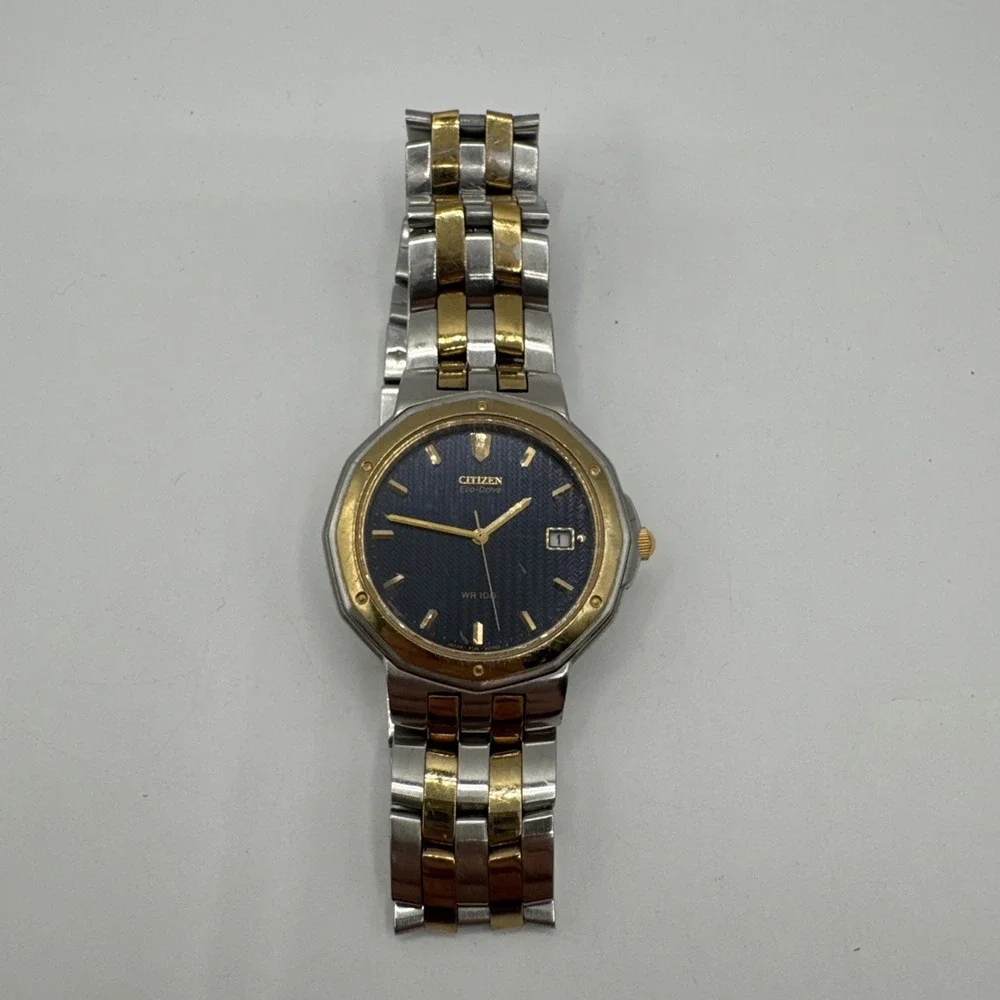 Citizen Eco-Drive Titanium WR 100 Quartz Black Dial Men's Watch‎ Two Tone Works